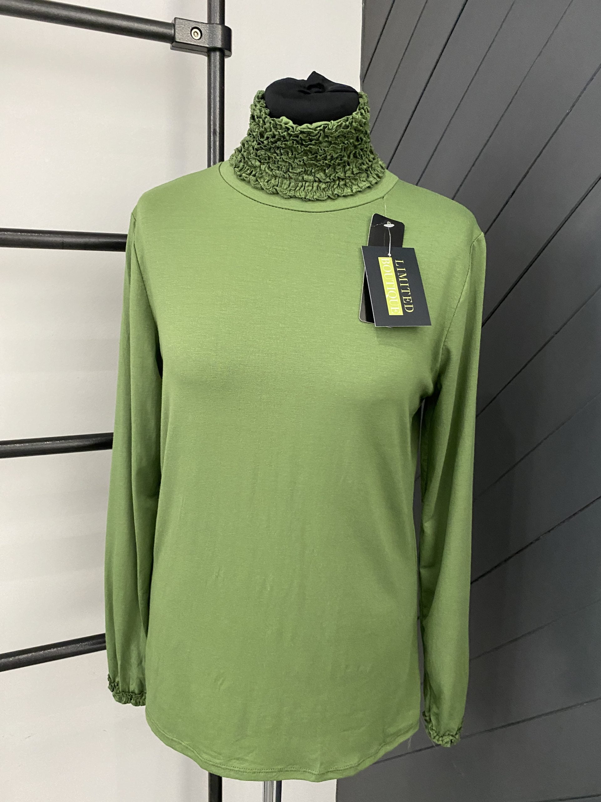 Olive Green Frill Neck Polo Neck Top Limited Boutique